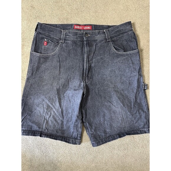 Vintage Guess Jeans Carpenter Shorts Mens 40 Fade Black Utility Grunge Denim Y2K - Picture 2 of 6